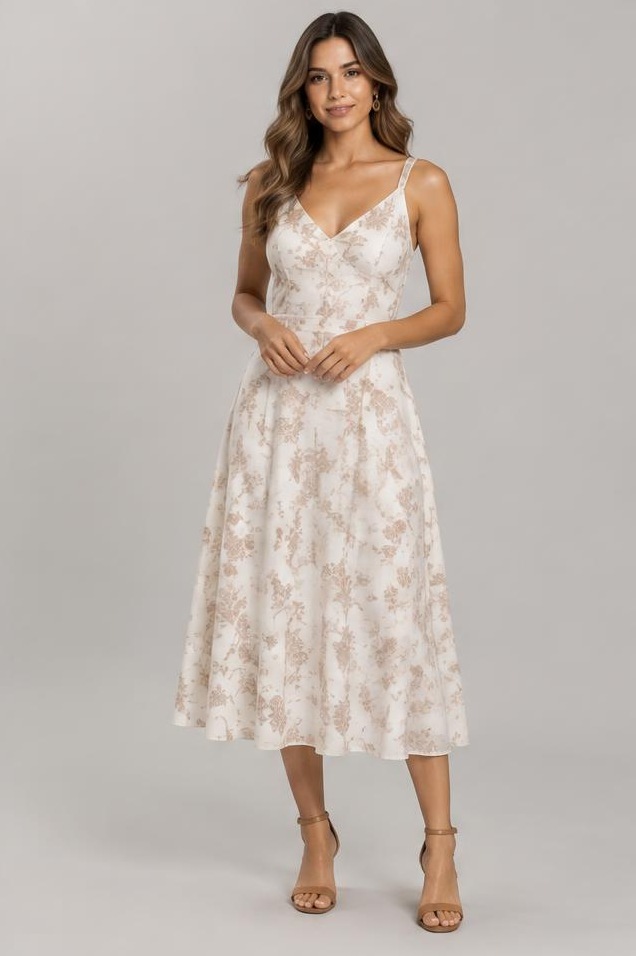 Printed Midi Dress with V-Neck
